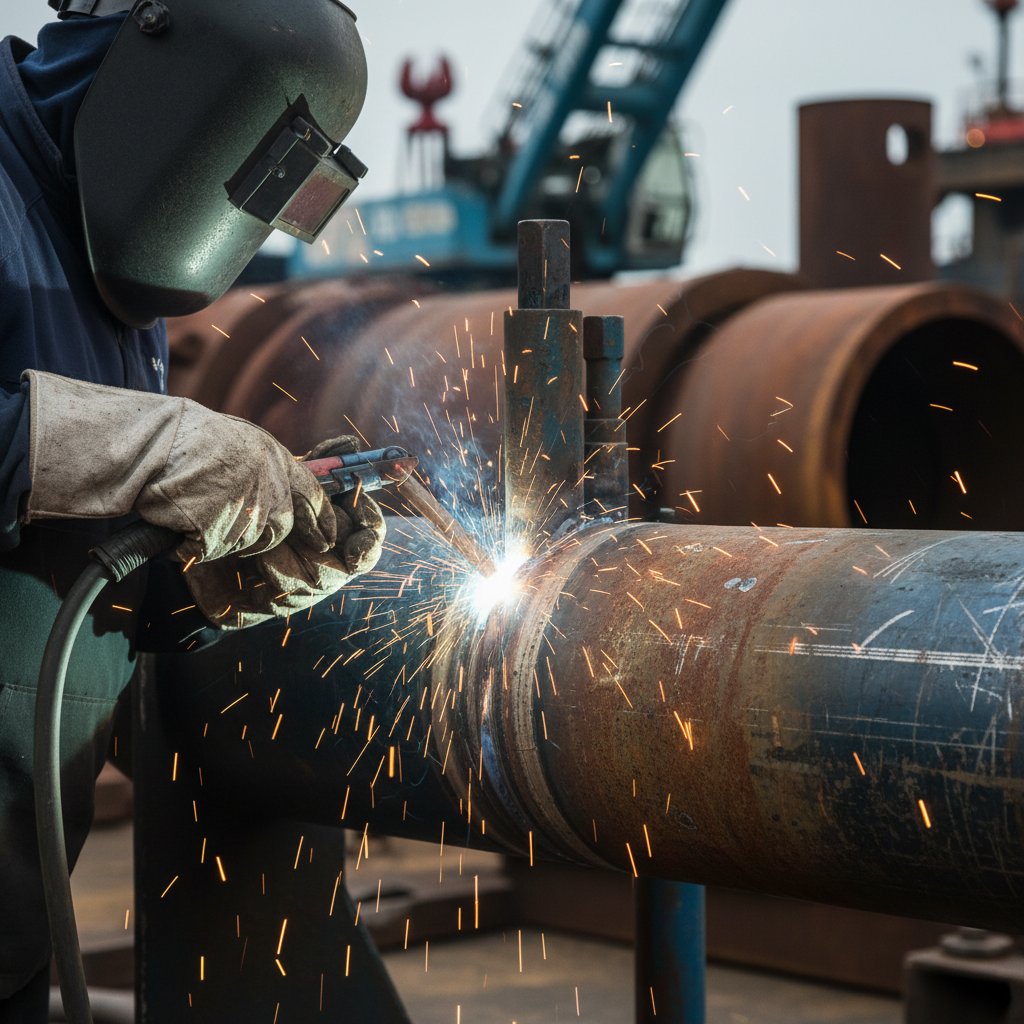 Welder joining a large steel pipe with sparks flying at an outdoor industrial worksite