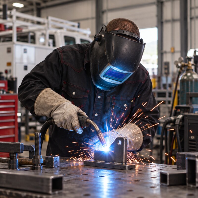 Kyle Shannon doing fleet welding and fabrication at the HRT Mobile Welding shop in Livermore